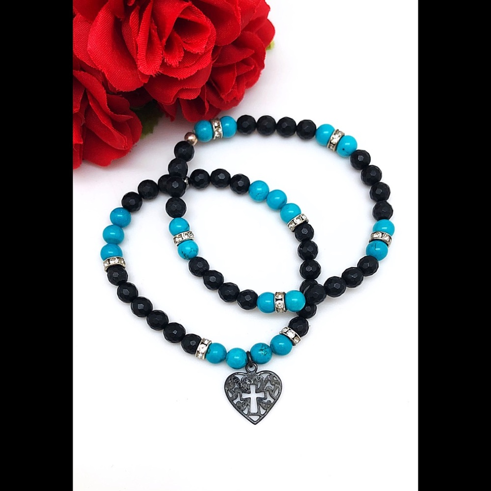 CZ Turquoise & Onyx Heart with Cross Bracelet NEW